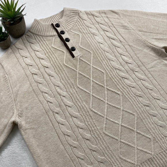 Joseph Abboud Cable/Shaker Knit Mock Neck LS Quarter Button Pullover Sweater - Picture 3 of 16